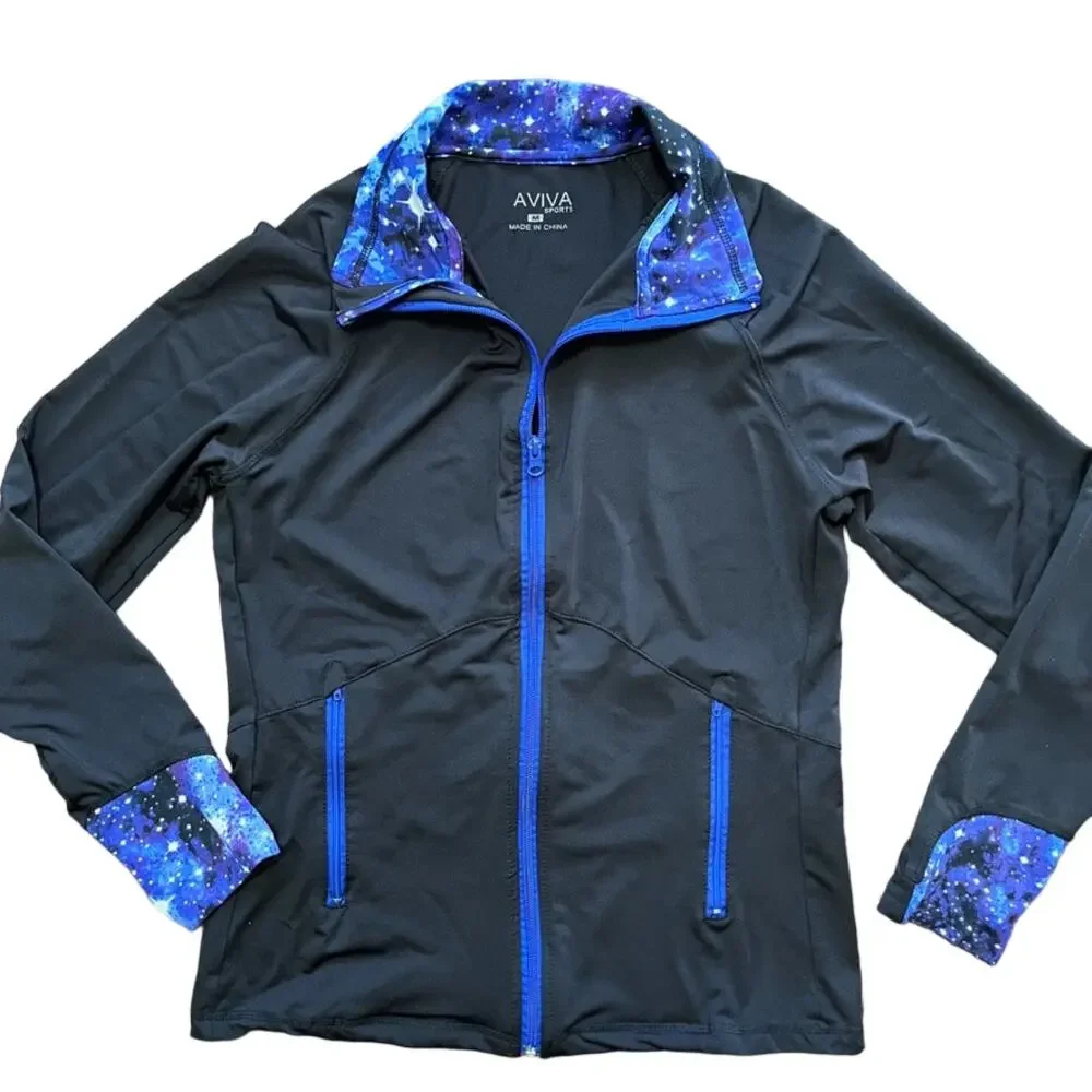 AVIVA Activewear Set Matching Jacket & Shorts in Black Celestial Blue SZ 6